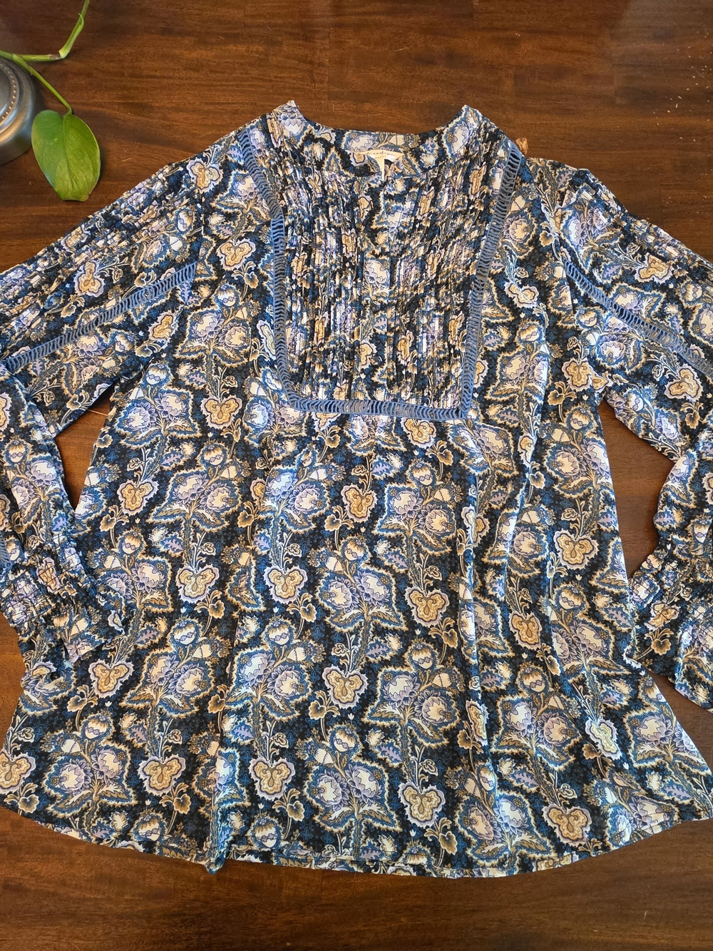 Linda Anderson Blue Floral Paisley Boho Pintuck Peasant Blouse Top Small